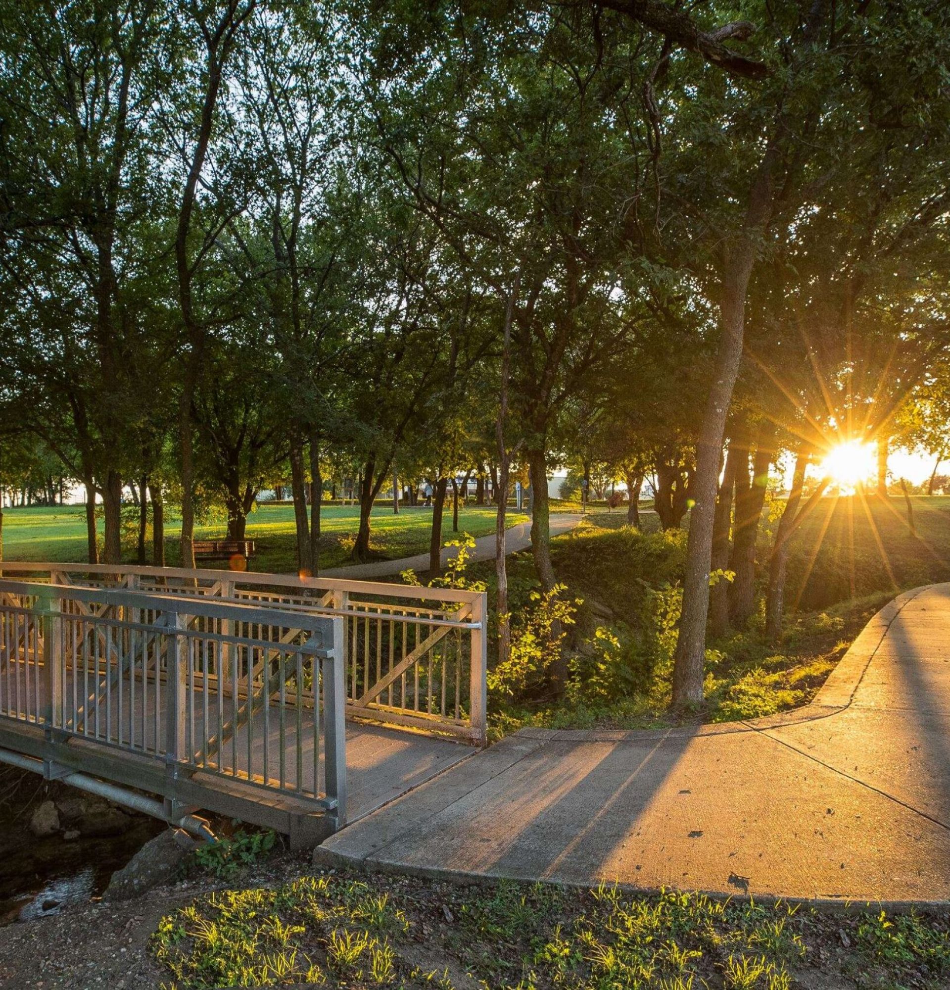 Red Oak, TX with a green park with a bridge and lots of mature trees